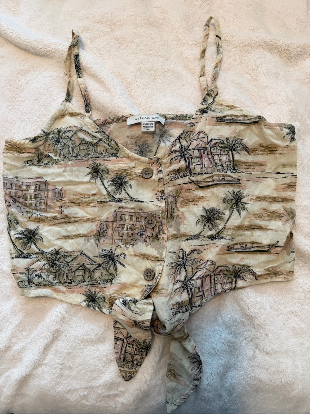 American Eagle Outfitters Beige Tropical Print Tie-Front Crop Top